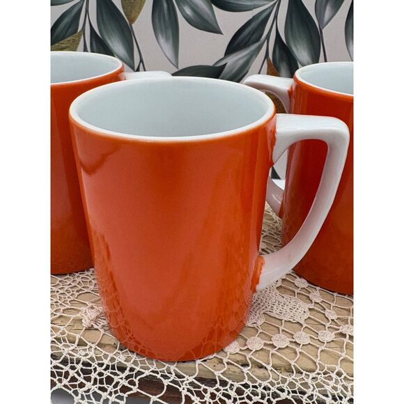 Set of Four VTG 60s Retro MOD Orange and White Mugs Ceramic D Handle - Picture 1 of 5